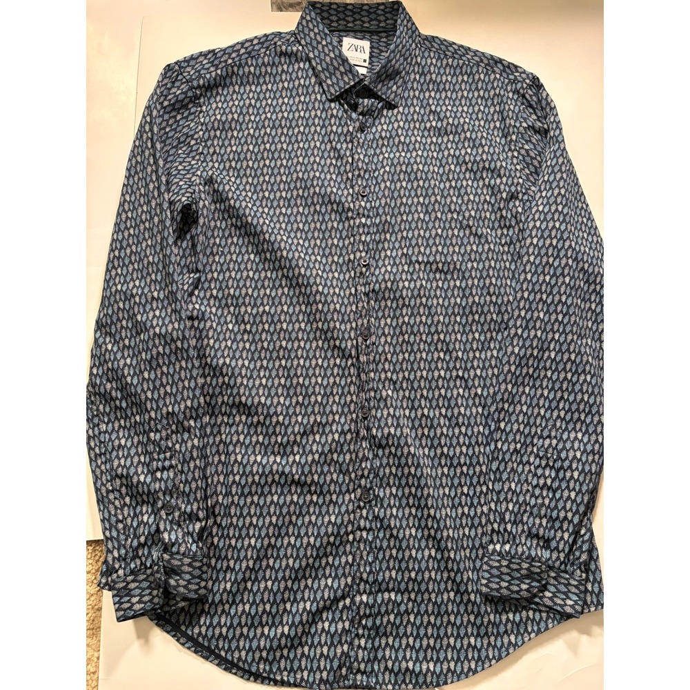 ZARA Slim Fit Button Up Shirt Men's Large Blue Leaf Print Long Sleeve Casual